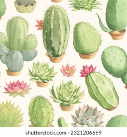 Seamless pattern of cactus and succulents in vector design. Desert splendor
