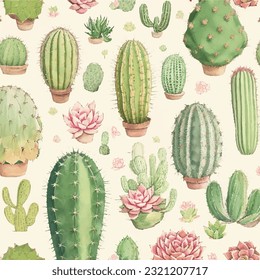 Seamless pattern of cactus and succulents in vector design. Desert euphoria