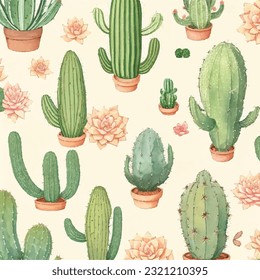 Seamless pattern of cactus and succulents in vector design. Desert tapestry