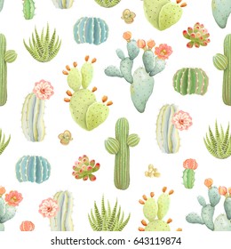 Seamless Pattern With Cactus And Succulents, Vector Illustration In Vintage Style On White Background.