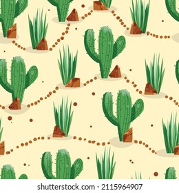 Seamless pattern with cactus with thorns, succulent on color background. Vector drawing illustration for icon, game, packaging, fabric, textile. Wild west, western, cowboy concept.