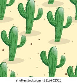 Seamless pattern with cactus with thorns, succulent on color background. Vector drawing illustration for icon, game, packaging, fabric, textile. Wild west, western, cowboy concept.