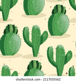 Seamless pattern with cactus with thorns, succulent on color background. Vector drawing illustration for icon, game, packaging, fabric, textile. Wild west, western, cowboy concept.