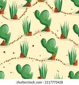 Seamless pattern with cactus with thorns, succulent on color background. Vector drawing illustration for icon, game, packaging, fabric, textile. Wild west, western, cowboy concept.