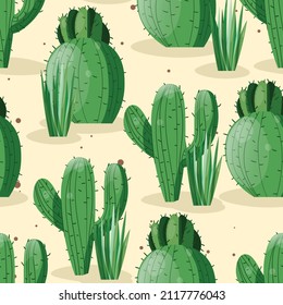 Seamless pattern with cactus with thorns, succulent on color background. Vector drawing illustration for icon, game, packaging, fabric, textile. Wild west, western, cowboy concept.