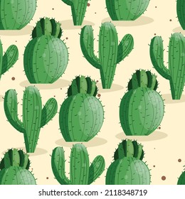 Seamless pattern with cactus with thorns, succulent on color background. Vector drawing illustration for icon, game, packaging, fabric, textile. Wild west, western, cowboy concept.