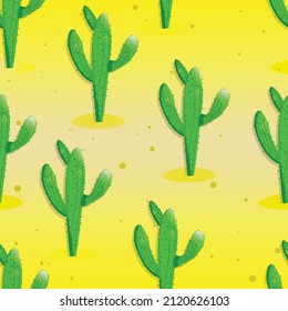 Seamless pattern with cactus with thorns, succulent on color background. Vector drawing illustration for icon, game, packaging, fabric, textile. Wild west, western, cowboy concept.