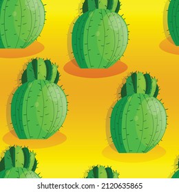 Seamless pattern with cactus with thorns, succulent on color background. Vector drawing illustration for icon, game, packaging, fabric, textile. Wild west, western, cowboy concept.