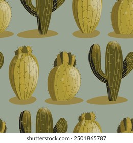 Seamless pattern with cactus with thorns, succulent on color background. Vector drawing illustration for icon, game, packaging, fabric, textile. Wild west, western, cowboy concept.