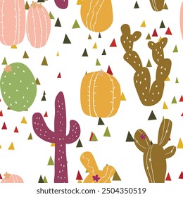 Seamless pattern with cactus with thorns, succulent on color background. Vector drawing illustration for icon, game, packaging, fabric, textile. Wild west, western, cowboy concept.