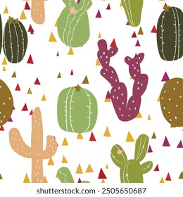 Seamless pattern with cactus with thorns, succulent on color background. Vector drawing illustration for icon, game, packaging, fabric, textile. Wild west, western, cowboy concept.