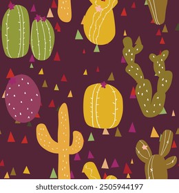 Seamless pattern with cactus with thorns, succulent on color background. Vector drawing illustration for icon, game, packaging, fabric, textile. Wild west, western, cowboy concept.