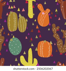 Seamless pattern with cactus with thorns, succulent on color background. Vector drawing illustration for icon, game, packaging, fabric, textile. Wild west, western, cowboy concept.