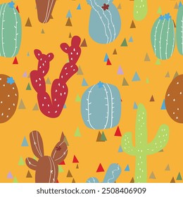 Seamless pattern with cactus with thorns, succulent on color background. Vector drawing illustration for icon, game, packaging, fabric, textile. Wild west, western, cowboy concept.