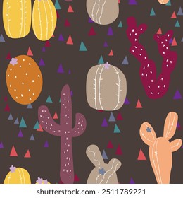 Seamless pattern with cactus with thorns, succulent on color background. Vector drawing illustration for icon, game, packaging, fabric, textile. Wild west, western, cowboy concept.