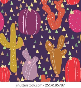 Seamless pattern with cactus with thorns, succulent on color background. Vector drawing illustration for icon, game, packaging, fabric, textile. Wild west, western, cowboy concept.