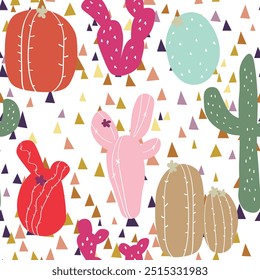 Seamless pattern with cactus with thorns, succulent on color background. Vector drawing illustration for icon, game, packaging, fabric, textile. Wild west, western, cowboy concept.