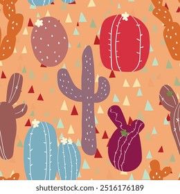 Seamless pattern with cactus with thorns, succulent on color background. Vector drawing illustration for icon, game, packaging, fabric, textile. Wild west, western, cowboy concept.