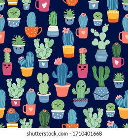 Seamless pattern with cactus. Vector cactus background. Cacti in pots.