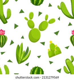 Seamless pattern cactus with vector green cactus and succulents. Desert-themed seamless pattern with cactus and flowers. Vector illustration 