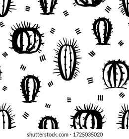 Seamless pattern with cactus. Vector illustration. Hand-drawn cacti. Black and white background.