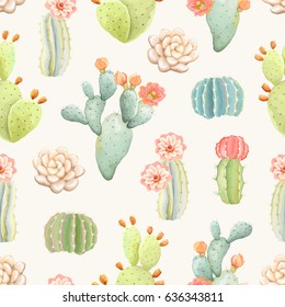 Seamless pattern with cactus, vector illustration in vintage style.