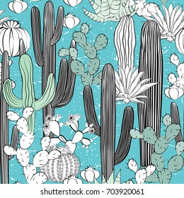 Seamless pattern with cactus. Wild cacti forest. Vector illustration. Pleasant blue and green palette with black and white sketch elements