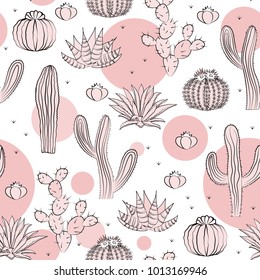 Seamless pattern with cactus. Wild cactus forest with doodle circles. Stylish pink, black, and white palette. Vector