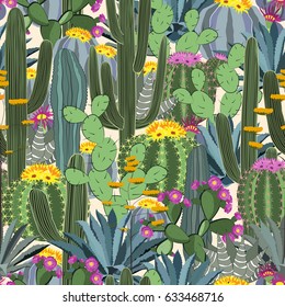 Seamless pattern with cactus. Wild cactus forest