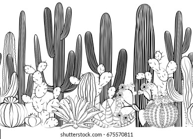 Seamless pattern with cactus. Wild cactus forest with agave, saguaro, and prickly pear