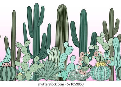 Seamless pattern with cactus. Wild cactus forest