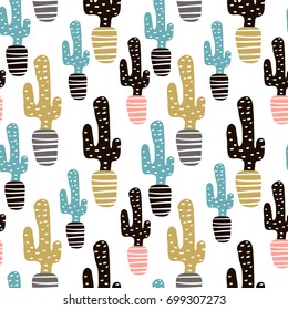 Seamless pattern with cactuse and hand drawn textures.Perfect for fabric,textile. Creative Vector background