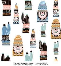 Seamless pattern with cactuse in tribal style. Decorative cactuse background. Vector Illustration