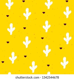 Seamless pattern with cactuses and graphical elements on yellow background. Vector mexican banner.