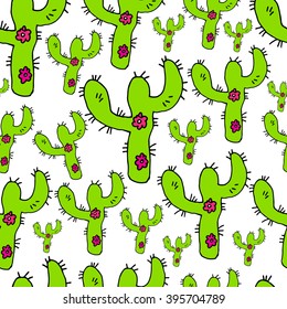 seamless pattern with cactuses hand drawn doodle style
