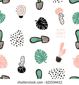 Seamless pattern with cactuses and hand drawn textures.Perfect for fabric,textile.Vector background