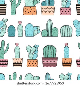 Seamless pattern with cactuses. Houseplant. Vector illustration.