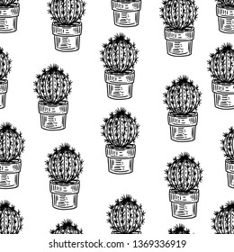 Seamless pattern of cactuses on white background.