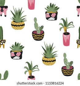 Seamless pattern with cactuses, palm trees and exotic plants. Home plants in pots. Can used in fabric, textile, cover, wrapping. 