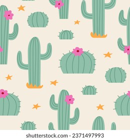 Seamless pattern with cactuses and pink flowers. Cute vector flat background