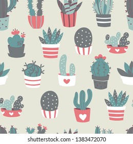 Seamless Pattern of Cactuses with Pot in Doodle Style.