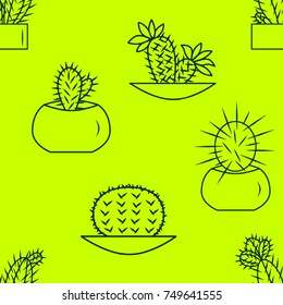 Seamless pattern of cactuses in pots