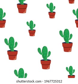 Seamless pattern with cactuses in pots. Bright vector illustration. Endless texture with succulent