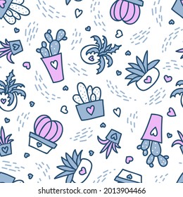 Seamless pattern with cactuses in a pots, hearts and dots. Cute childish background in cartoon style. Flat vector illustration isolated on a white background.