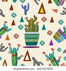Seamless pattern with cactuses in pots on white background. Colorful vector illustration.