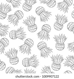 Seamless pattern with cactuses, stripes of flowers in pots with circles, ornaments, flowers. Painting