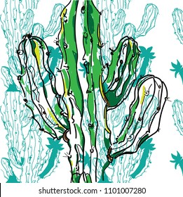 Seamless pattern with cactuses. Stylish summer background. Tropics, summer. Drawing by hand. Modern, fresh background.