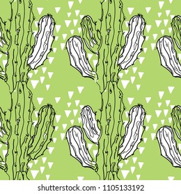 Seamless pattern with cactuses. Stylish summer background. Tropics, summer. Drawing by hand. Modern, fresh background.