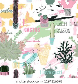 Seamless pattern with cactuses, succulents, brush strokes and typography elements. Abstract patchwork background. Vector illustration 