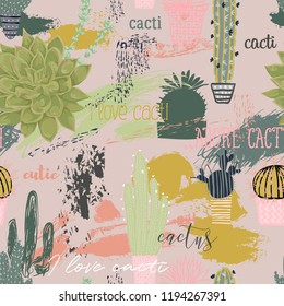 Seamless pattern with cactuses, succulents, brush strokes and typography elements. Abstract patchwork background. Vector illustration 
